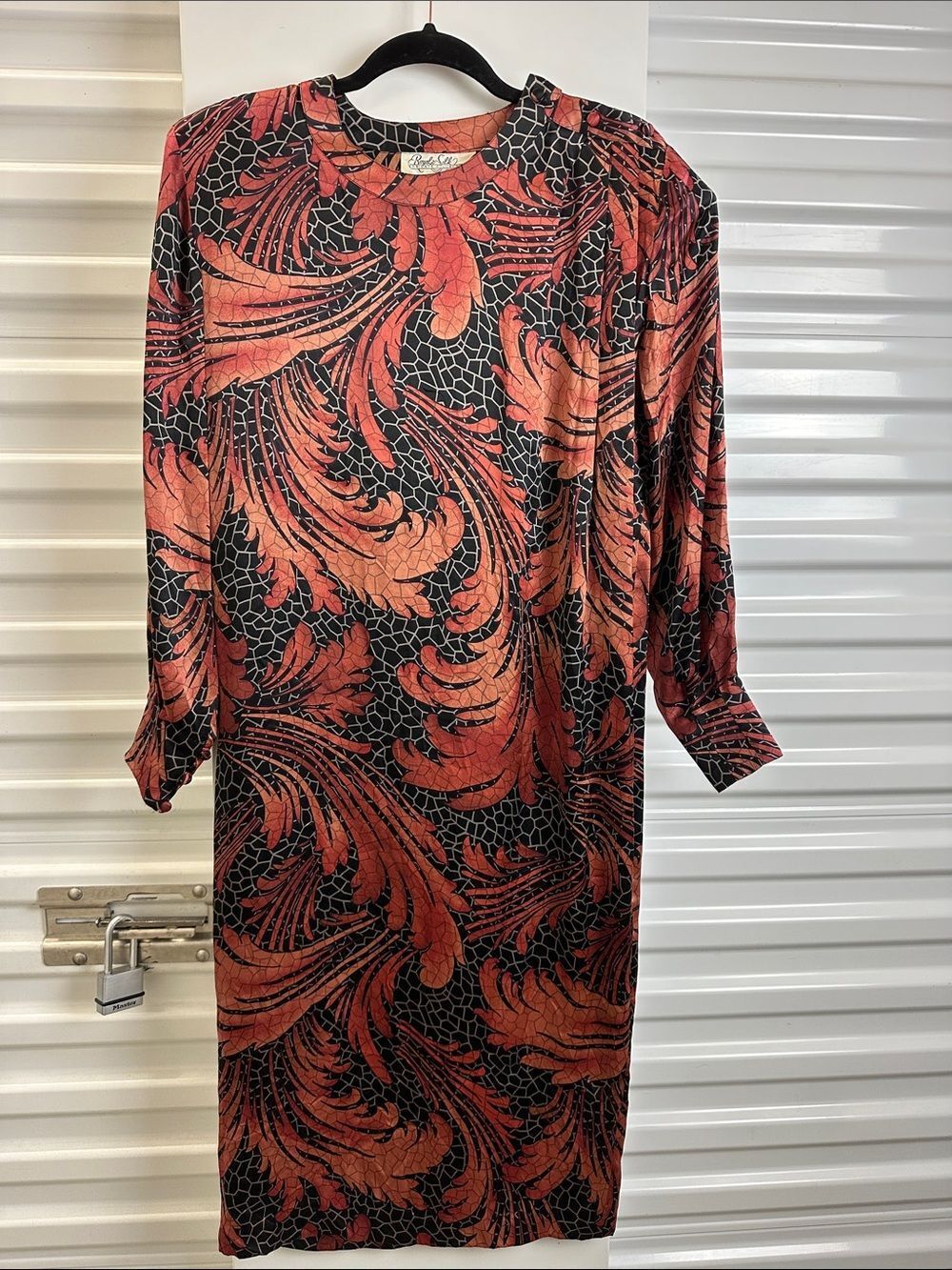Vintage Royal Silk Black & Rust Red Patterned Women’s Dress